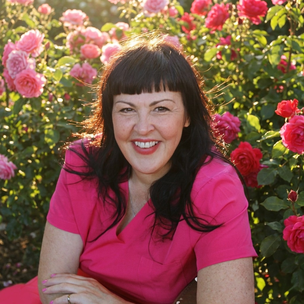 Alethea in a rose garden A person with long dark hair and a fringe, wearing a bright pink top, is smiling whilst sitting in a garden filled with blooming pink and red roses. Sunlight filters through the flowers in the background.