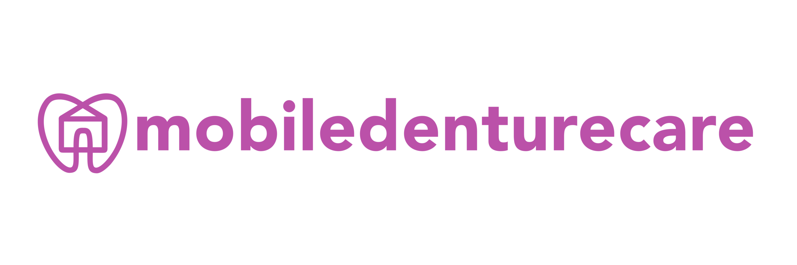 The image shows a logo with a purple outline of a tooth containing a house symbol, followed by the text mobiledenturecare in lowercase purple letters on a light background.